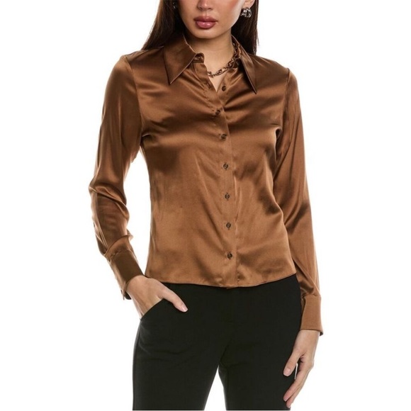 Alice + Olivia Willa Silk Satin Brown Fitted Button Down Shirt - Picture 1 of 11